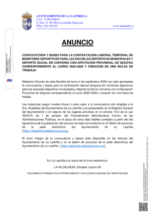 Imagen CONVOCATORIA SELECCIÓN DE PERSONAL LABORAL TEMPORAL MONITORES DEPORTIVOS CURSO 25/26